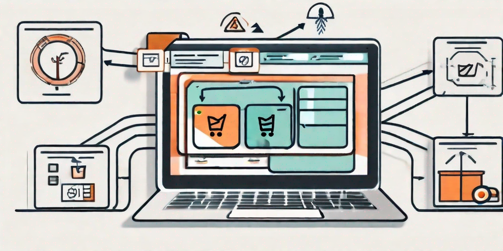 A digital tablet displaying a flowchart with various e-commerce elements like a shopping cart