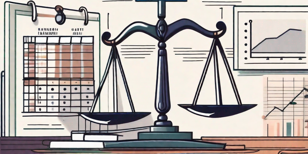 A balanced scale with legal documents on one side and project management tools like a gantt chart