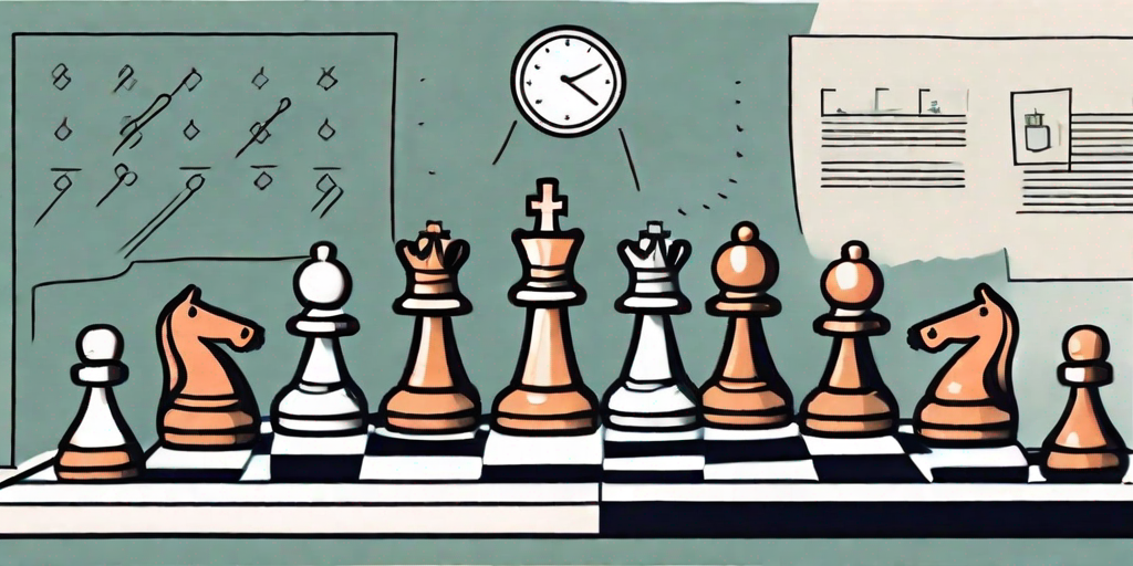 A chess board with traditional pieces replaced by symbolic elements of project management (like a clock