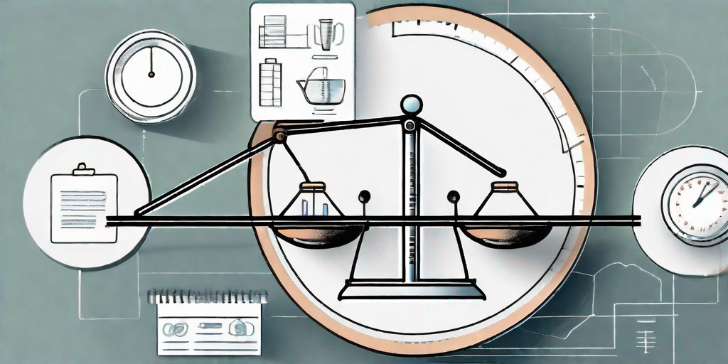 A balanced scale with procurement tools and project blueprints on either side