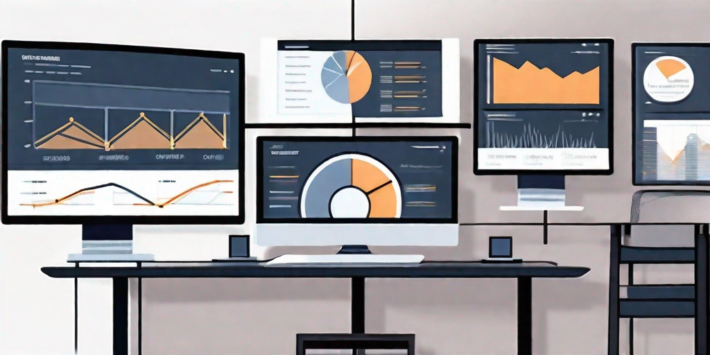 Several computer screens displaying different aspects of a project management software