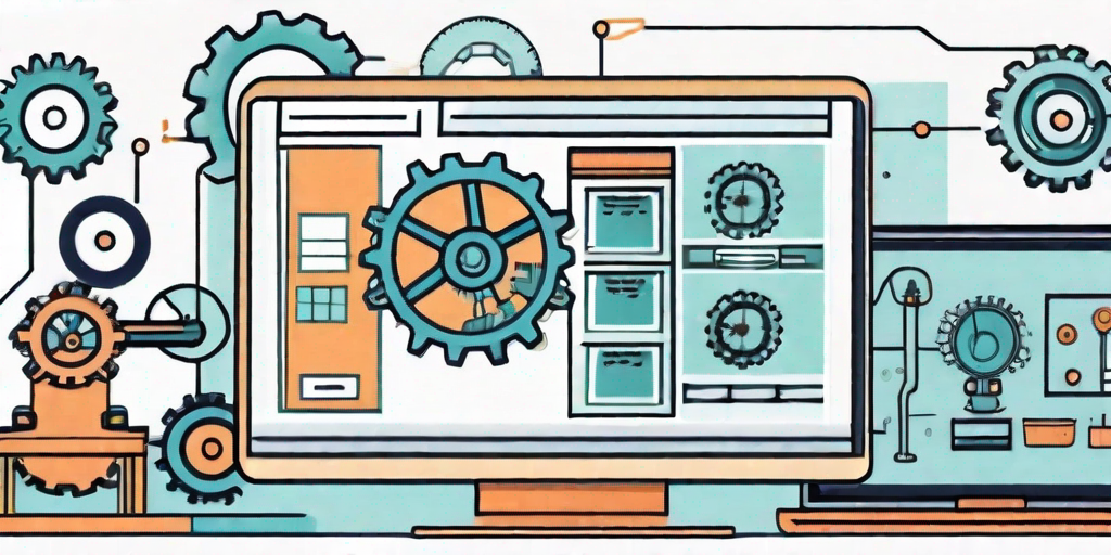 A computer screen showing a project management software interface with various manufacturing process icons like gears