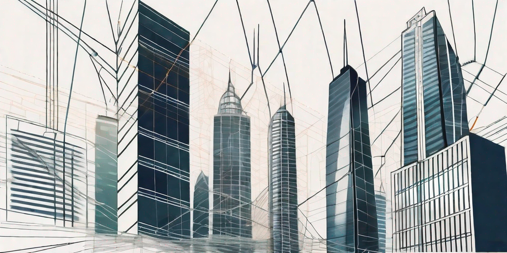 Several skyscrapers interconnected through a network of digital lines