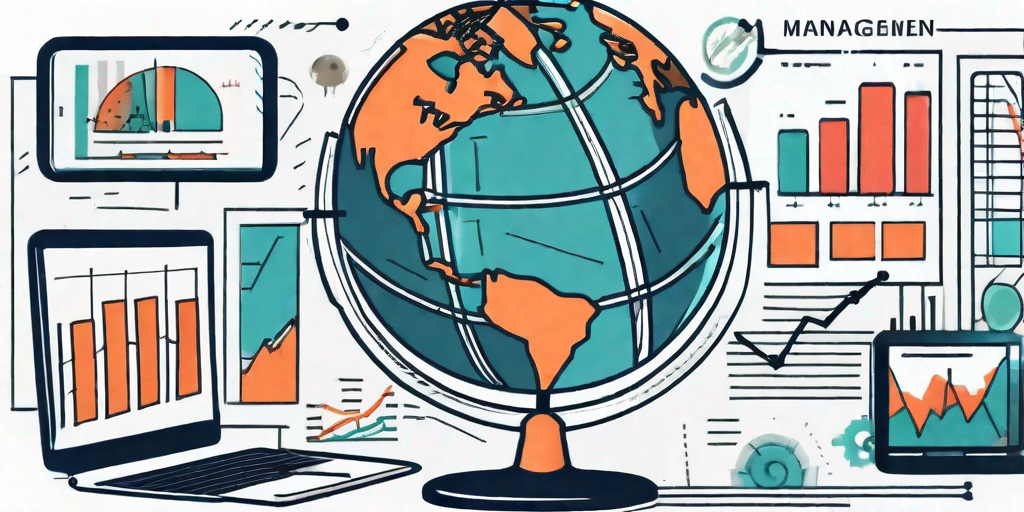 A globe with various project management tools such as charts