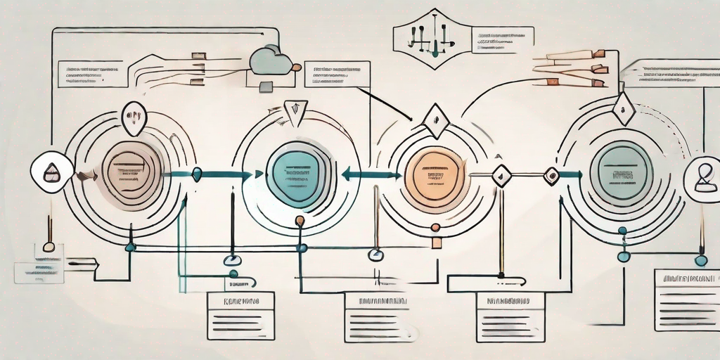 A complex flowchart with various shapes and arrows