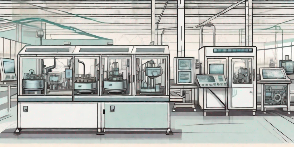 A complex manufacturing assembly line with various machines