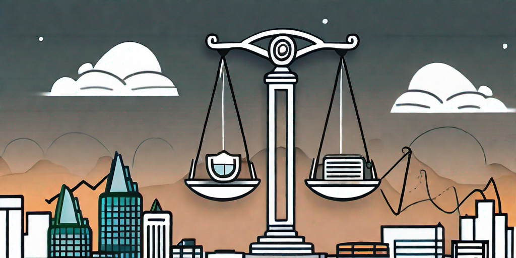 A balanced scale with various financial symbols on one side and a portfolio on the other