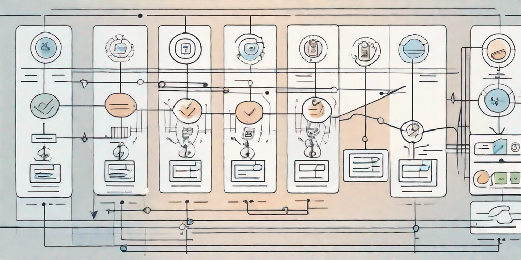 A digital interface showing a flowchart with various automated processes and tasks