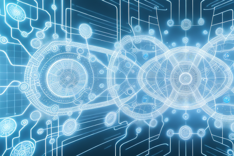 A futuristic digital screen displaying a flowchart with various interconnected nodes