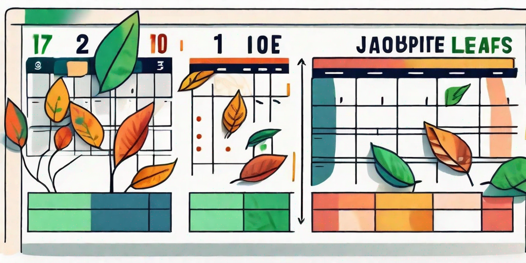 A computer displaying a calendar with various color-coded leaves or checkmarks