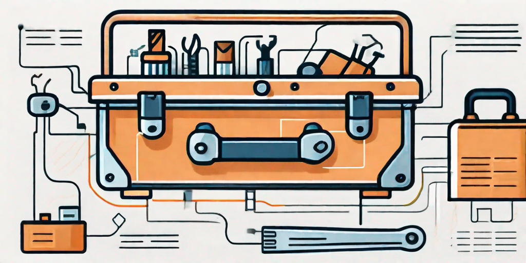 A digital tool (depicted as a toolbox with various tools inside) seamlessly integrating with a flowchart that represents an hr workflow