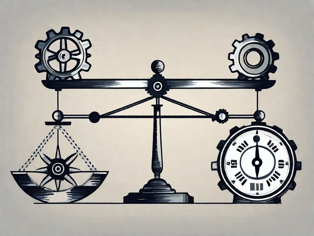 A balanced scale with one side holding a group of gears (representing employee performance) and the other side holding a compass (representing effective management)