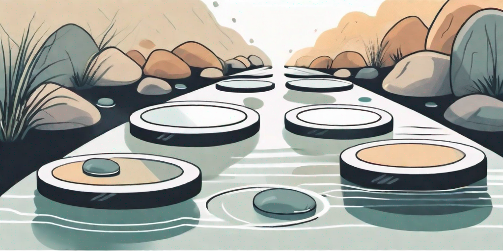 A magnifying glass hovering over a series of stepping stones