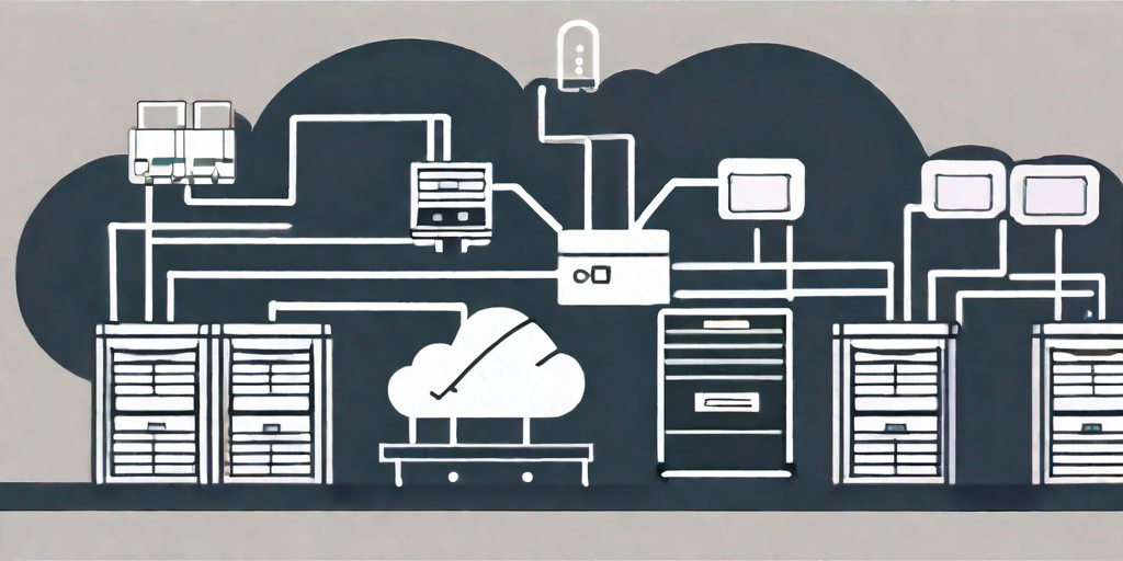 A computer server connected to various business-related icons like folders