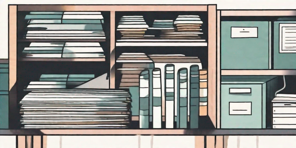 A magnifying glass hovering over a neatly organized file cabinet with various tabs representing different document categories