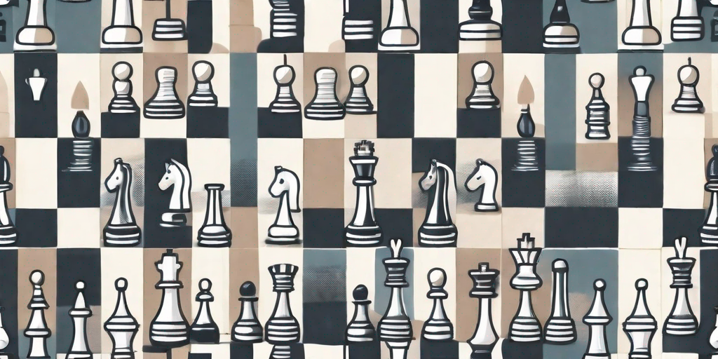 A chess board with various business-related icons as chess pieces