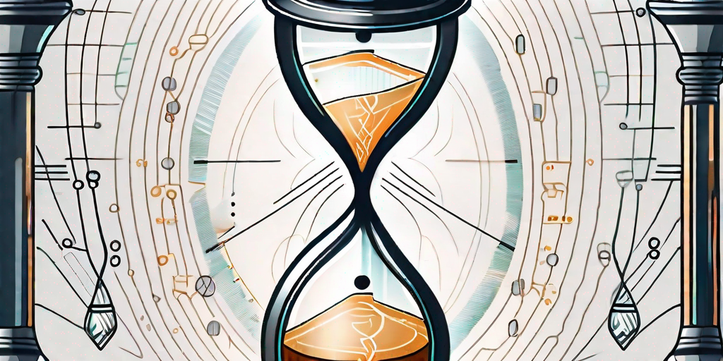 A traditional hourglass with digital elements such as binary codes and circuit designs