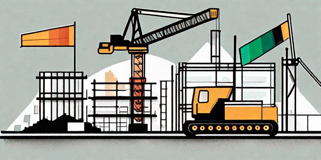 A construction site with different sections marked by color-coded flags