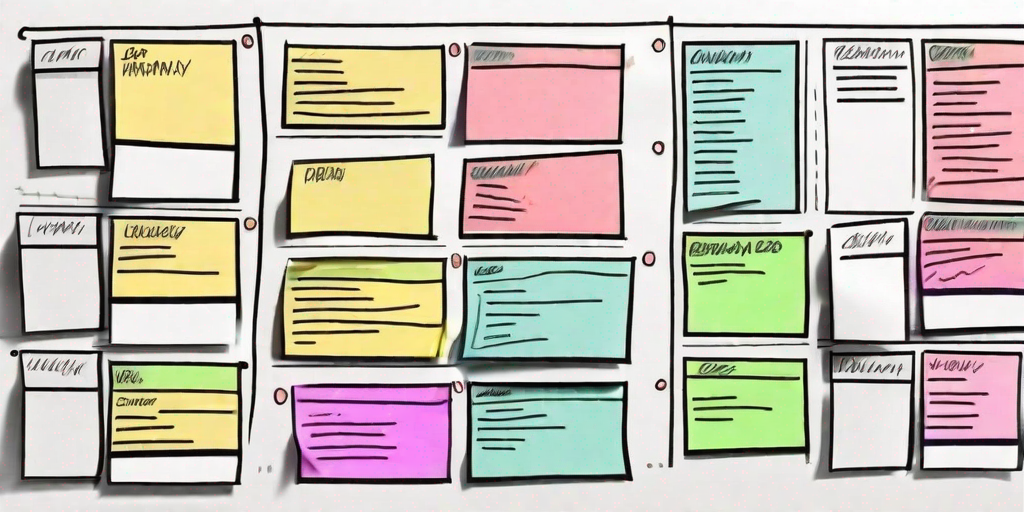 A kanban board with various stages of product development like ideation