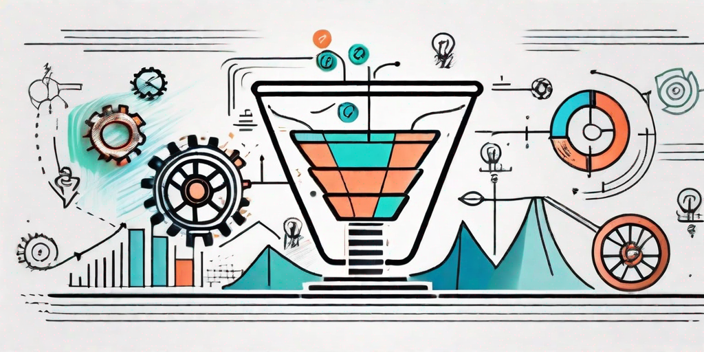 A marketing funnel surrounded by agile process symbols like arrows