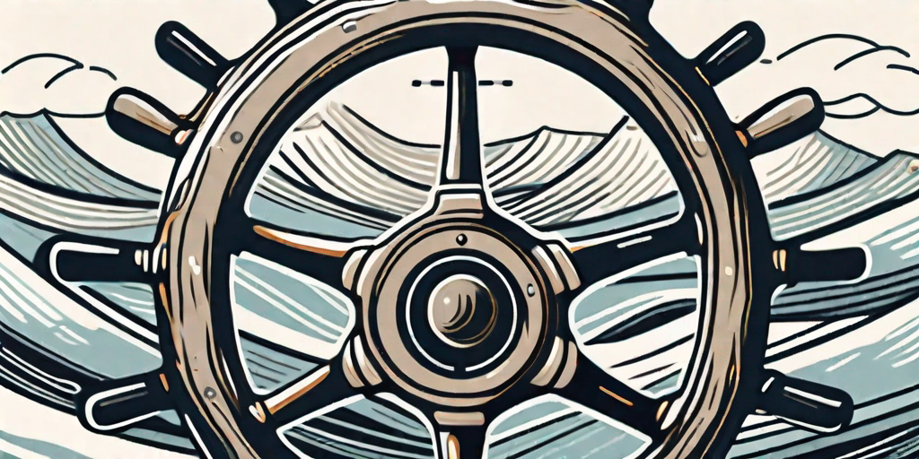 A ship steering wheel adjusting its course amidst turbulent waves