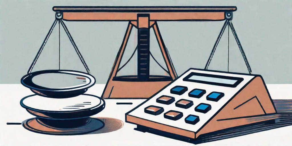 A balanced scale with a project blueprint on one side and a calculator with numbers on the other