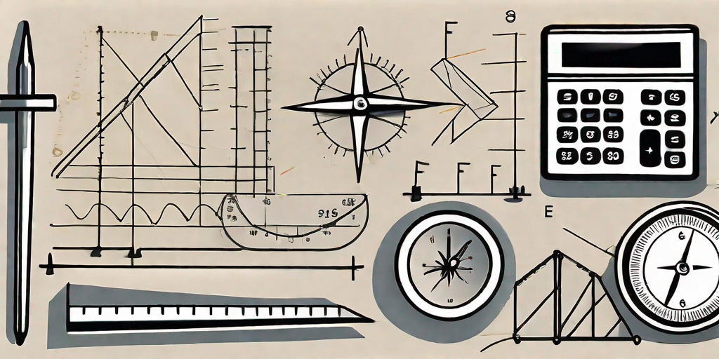 Various mathematical formulas represented as different tools such as a ruler