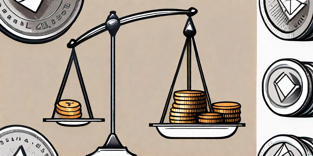 A balance scale with a pile of coins on one side and a set of dice on the other