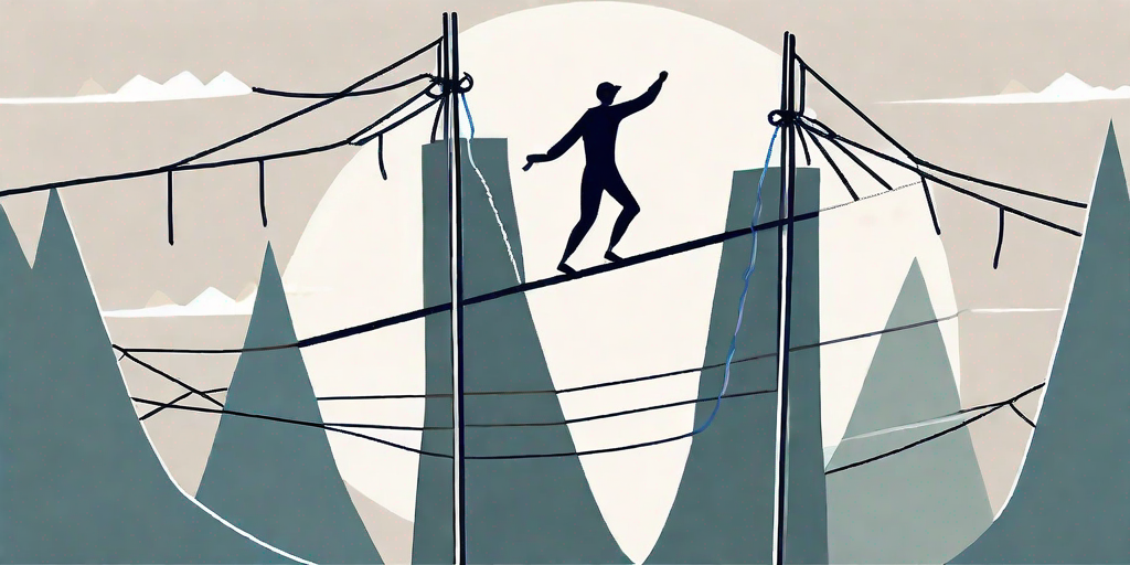 A tightrope walker balancing on a rope over a chasm