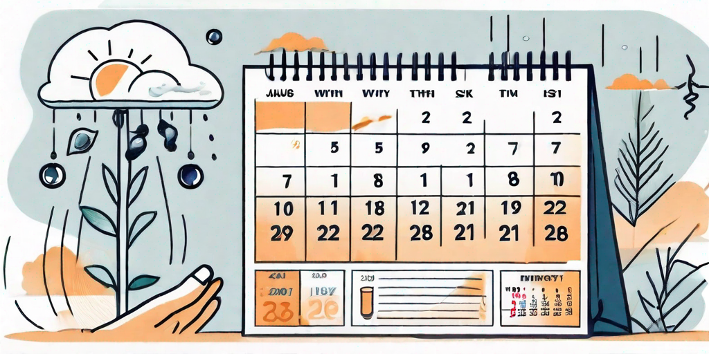 A calendar with various weather symbols (representing different risk factors) hovering over specific dates