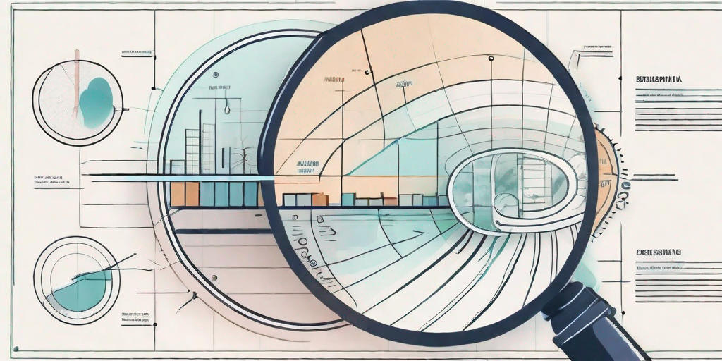 A magnifying glass focusing on a project plan with various elements like a timeline