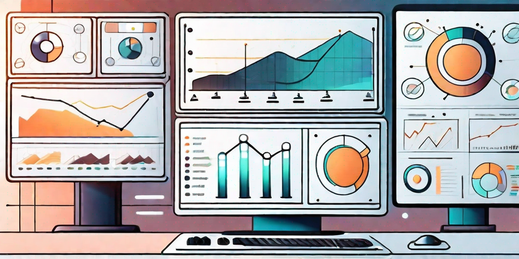 A futuristic control panel with various interactive screens displaying graphs and charts