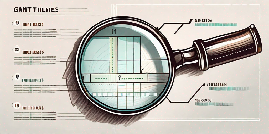 A magnifying glass focusing on a detailed gantt chart with various project timelines and milestones