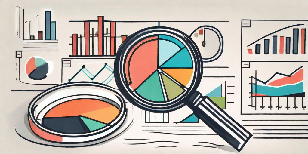 A magnifying glass hovering over a collection of colorful bar graphs and pie charts to symbolize the examination and analysis of quality assurance metrics