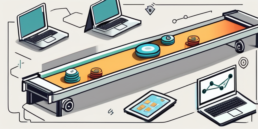 A conveyor belt with software icons being assembled and delivered at the end