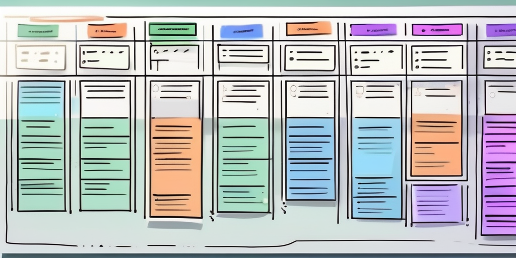 A digital kanban board with various colored task cards in different stages of the software development process