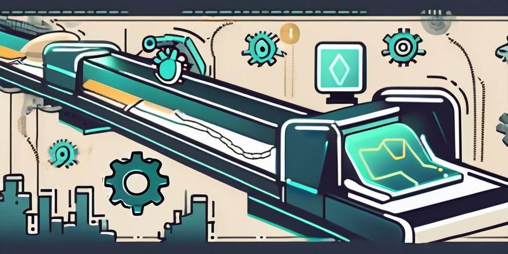 A conveyor belt with various software-related icons (like code brackets