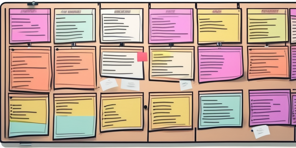 A digital board with various colored sticky notes representing tasks at different stages of the software development process