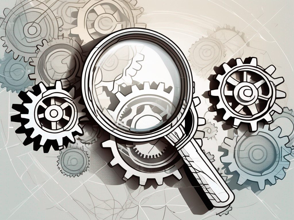 A magnifying glass analyzing a series of interconnected gears