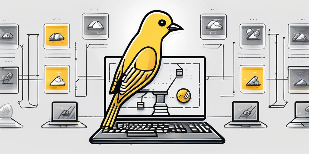 A canary bird perched on a series of progressively built software icons