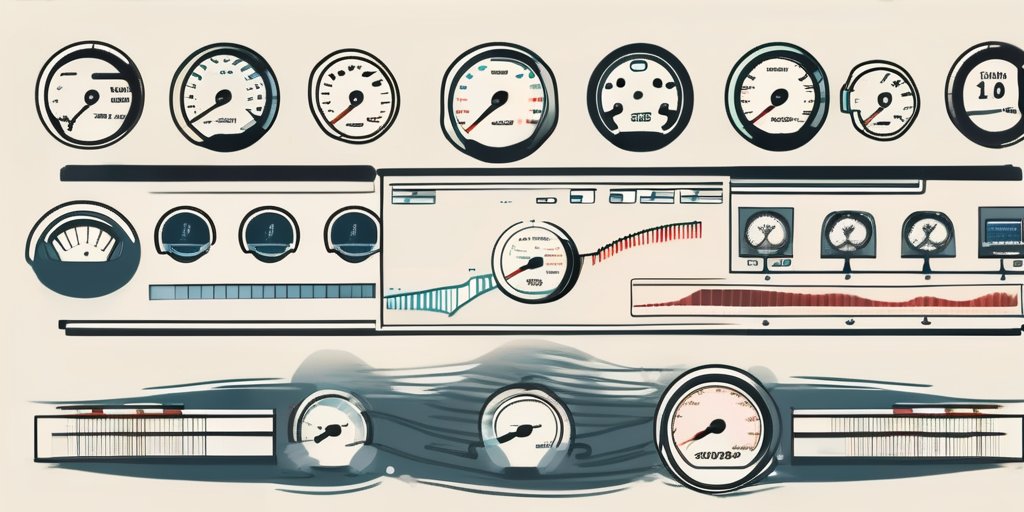 A computer running various applications with speedometers and gauges showing different performance levels