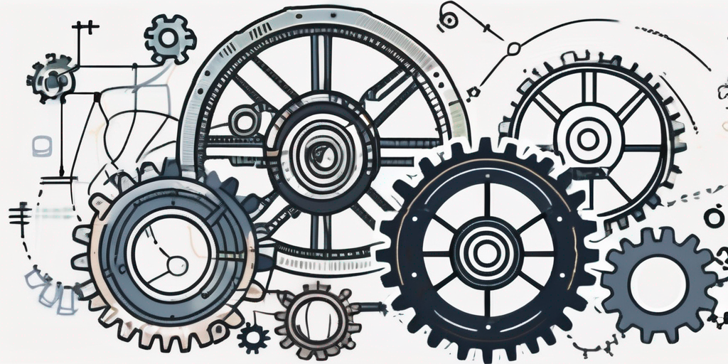 Various tools and gears interconnected