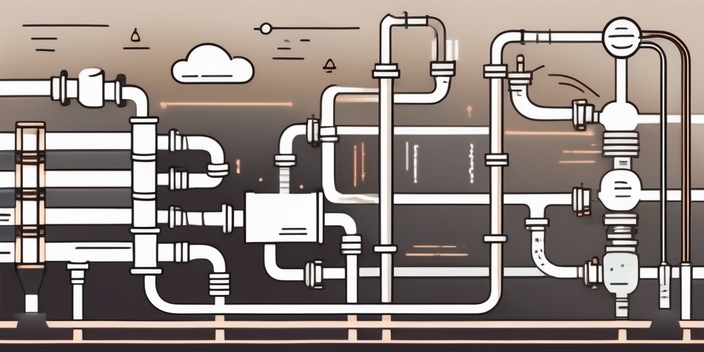 A pipeline with various stages represented by different coding symbols or icons