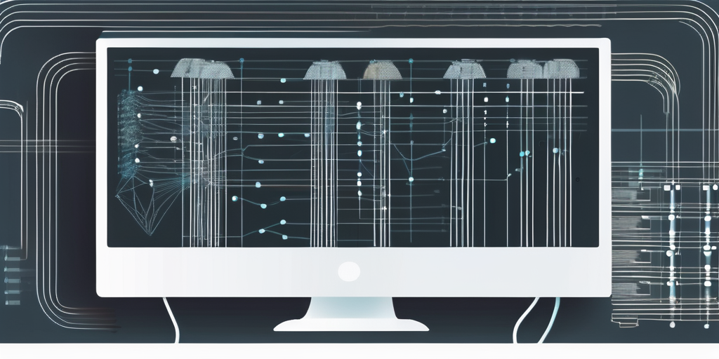 A computer screen with code on it and interconnected nodes or servers