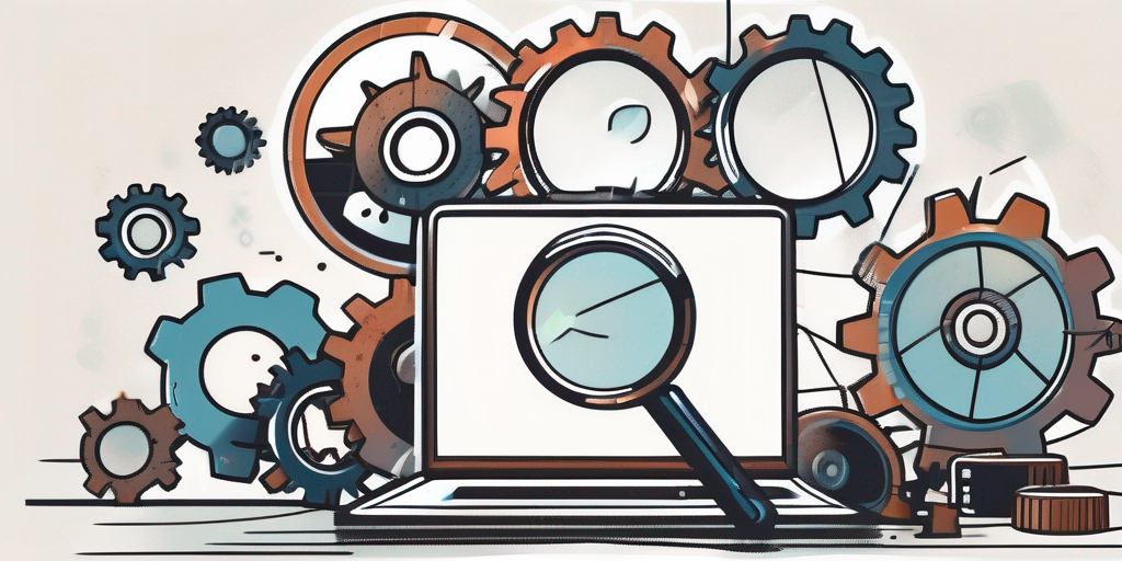 A broken gear (representing a software incident) surrounded by magnifying glasses (representing the review process)