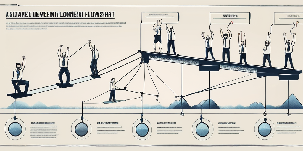 A software development flowchart being balanced on a tightrope