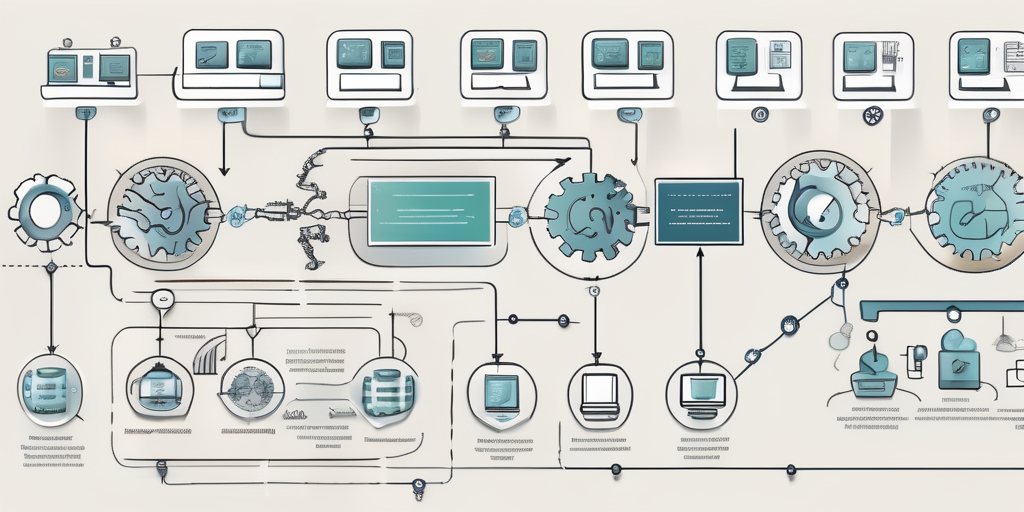 A complex flowchart with various stages and icons symbolizing software development processes