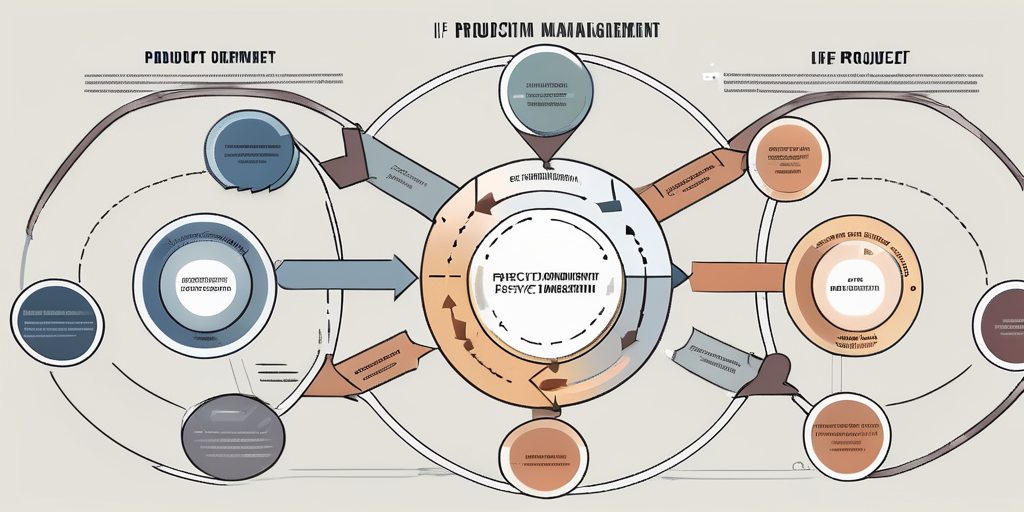 A circular flowchart with distinct stages representing the product development life cycle in software project management