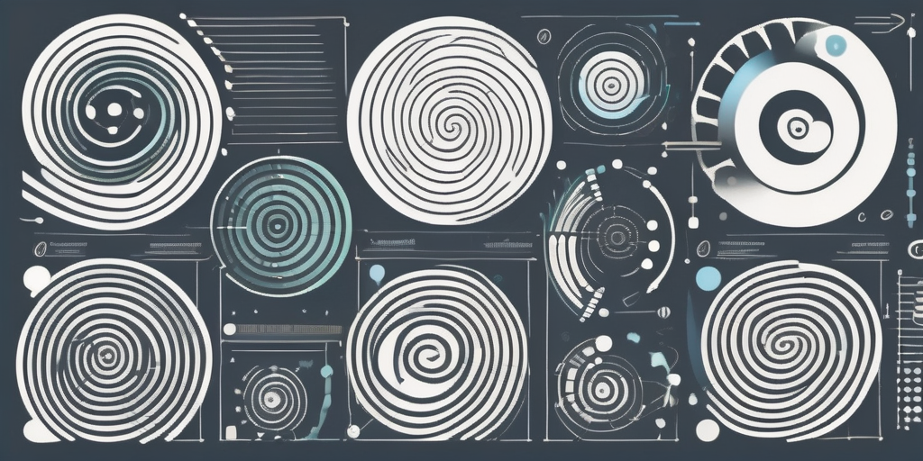 A spiraling fibonacci sequence interlocking with various abstract symbols of coding and software development like curly braces