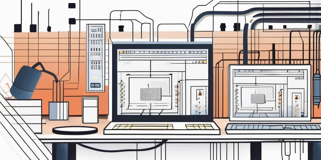 A construction site with various software-related items like coding brackets